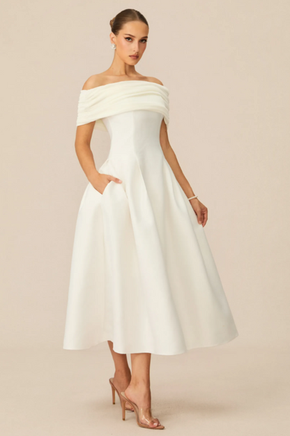 Vivian Off Shoulder Flare Satin Midi Dress