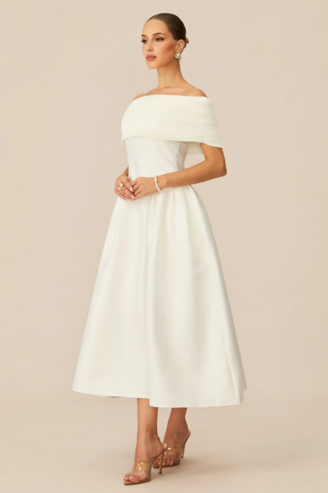 Vivian Off Shoulder Flare Satin Midi Dress