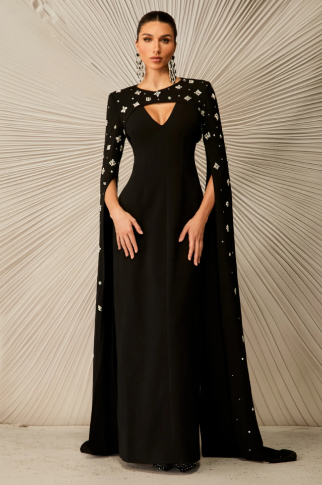 Crystal Cape Sleeve Maxi Dress