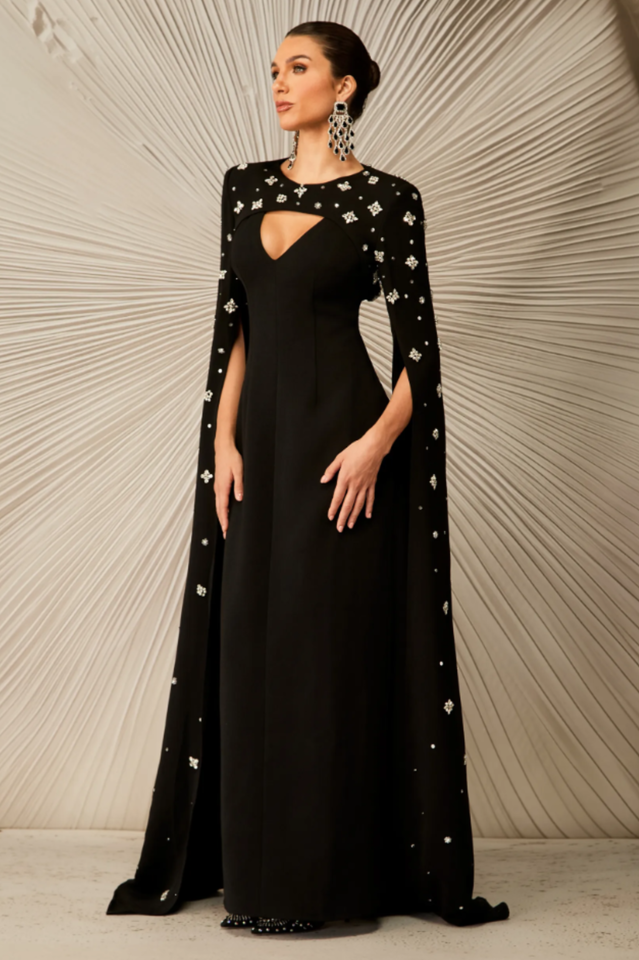 Crystal Cape Sleeve Maxi Dress
