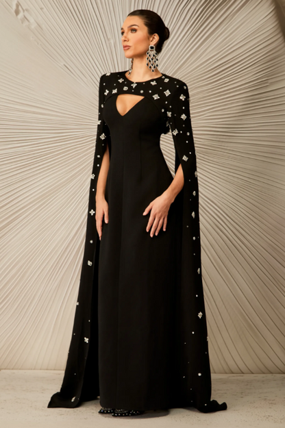 Crystal Cape Sleeve Maxi Dress
