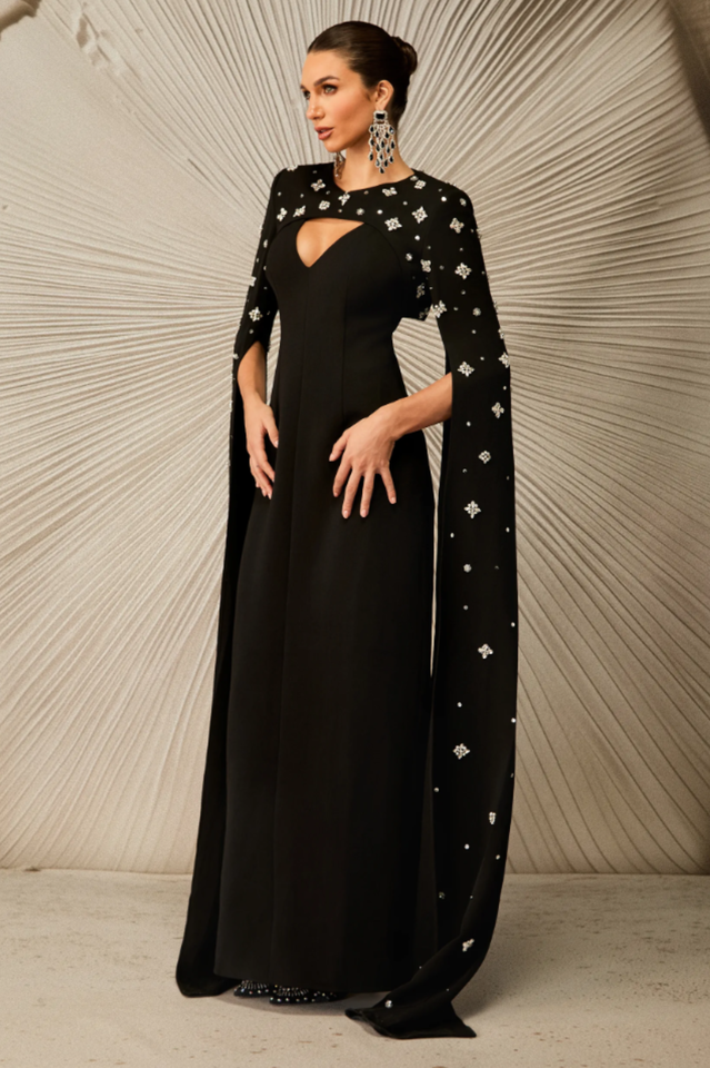 Crystal Cape Sleeve Maxi Dress