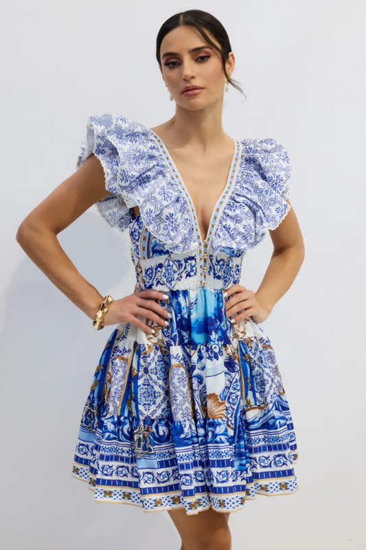 Kyla Printed Plunge Neck Mini Dress