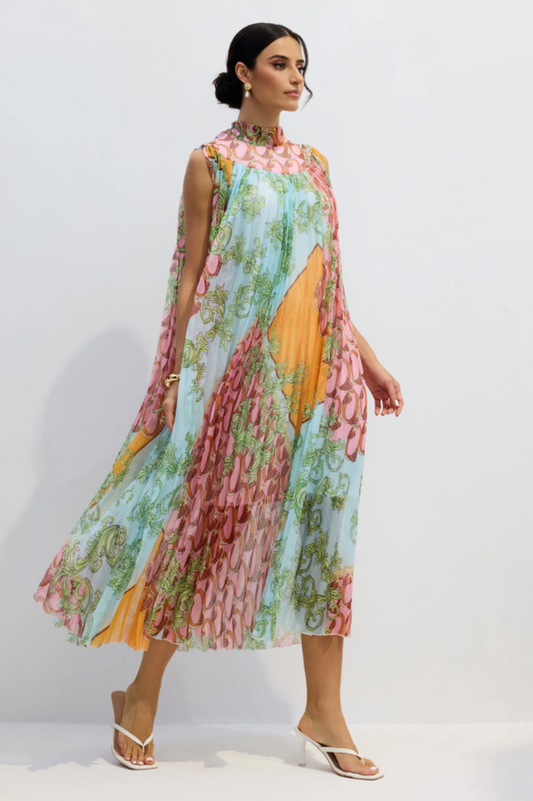 Martha Print Sleeveless Pleated Midi Dress
