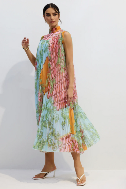 Martha Print Sleeveless Pleated Midi Dress