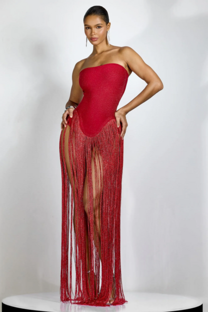 Eleanor Strapless Fringe Maxi Dress