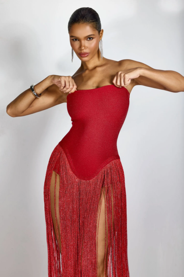 Eleanor Strapless Fringe Maxi Dress