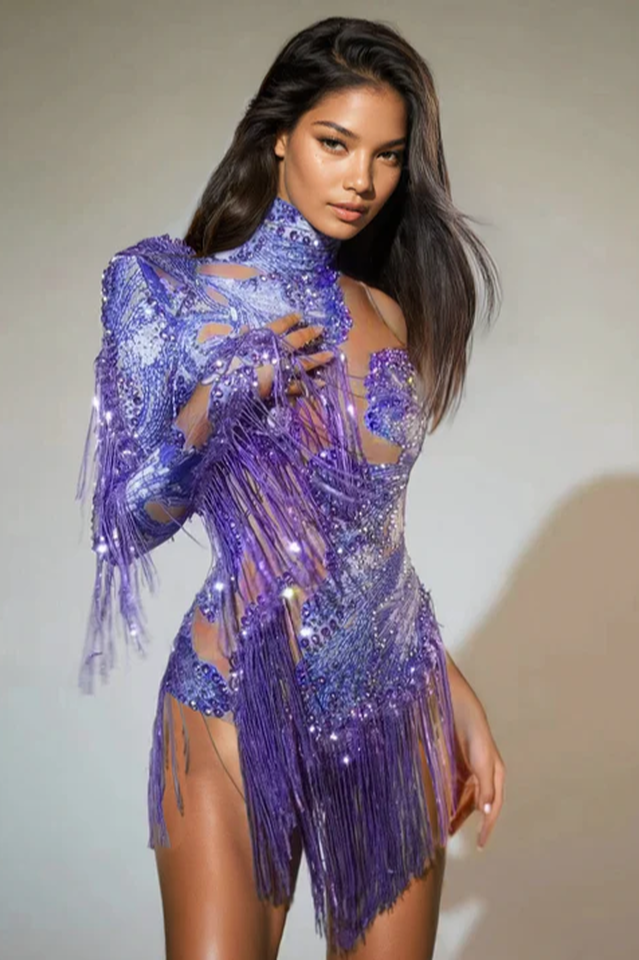 Shatora One Shoulder Rhinestone Fringe Bodysuit