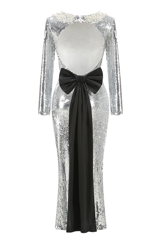 Backless Sequin Bow Maxi Dress