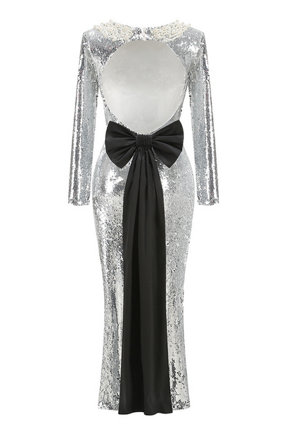 Backless Sequin Bow Maxi Dress
