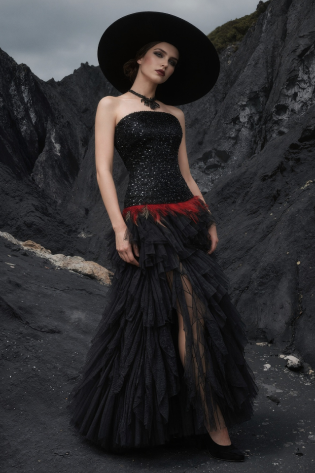 Strapless Sequin Feather Cascading Evening Dress