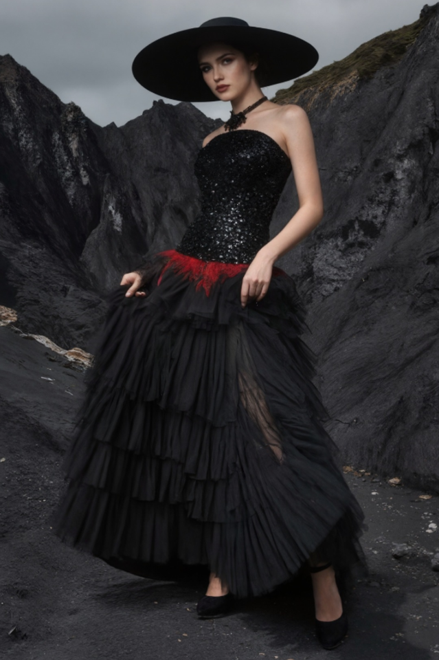 Strapless Sequin Feather Cascading Evening Dress