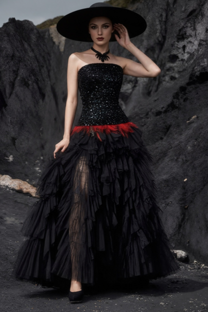 Strapless Sequin Feather Cascading Evening Dress