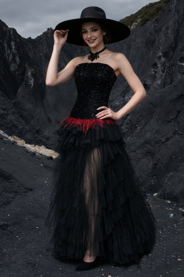 Strapless Sequin Feather Cascading Evening Dress