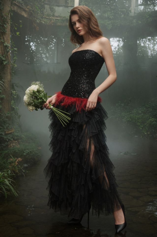 Strapless Sequin Feather Cascading Evening Dress