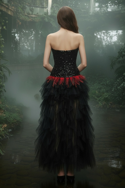 Strapless Sequin Feather Cascading Evening Dress