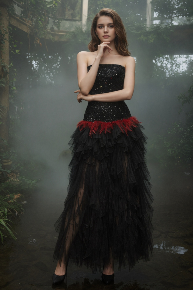 Strapless Sequin Feather Cascading Evening Dress