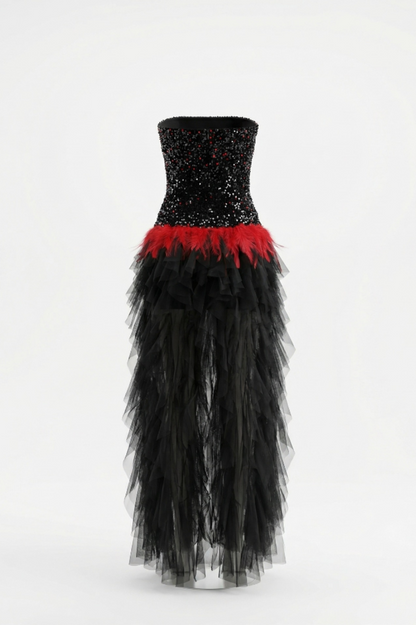 Strapless Sequin Feather Cascading Evening Dress
