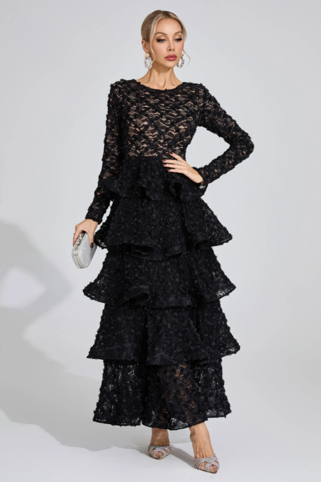 Guinevere Black Tiered Maxi Dress