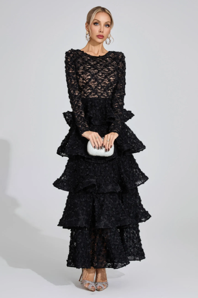 Guinevere Black Tiered Maxi Dress
