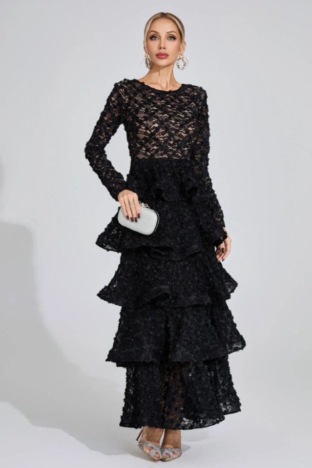 Guinevere Black Tiered Maxi Dress