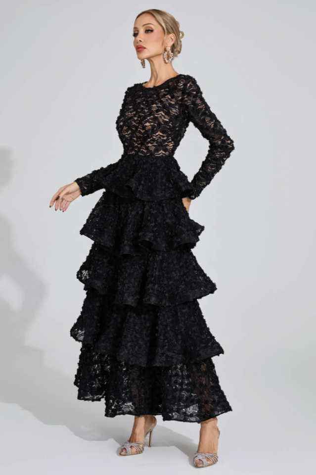 Guinevere Black Tiered Maxi Dress