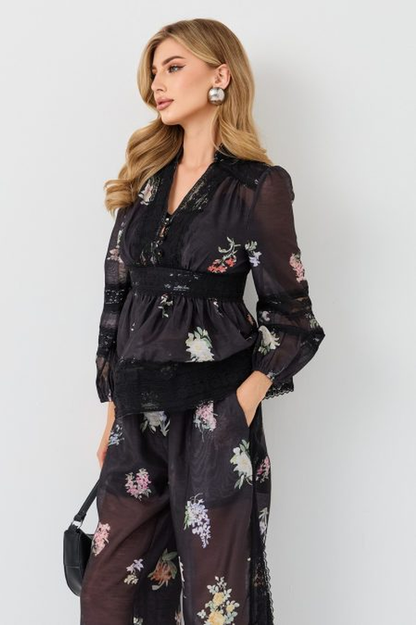 Natoli Embroidered Lace Blouse & Pants Set