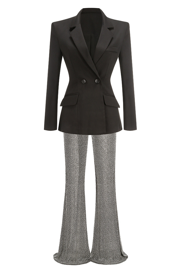 Pure Black Blazer & Rhinestone Pants Set