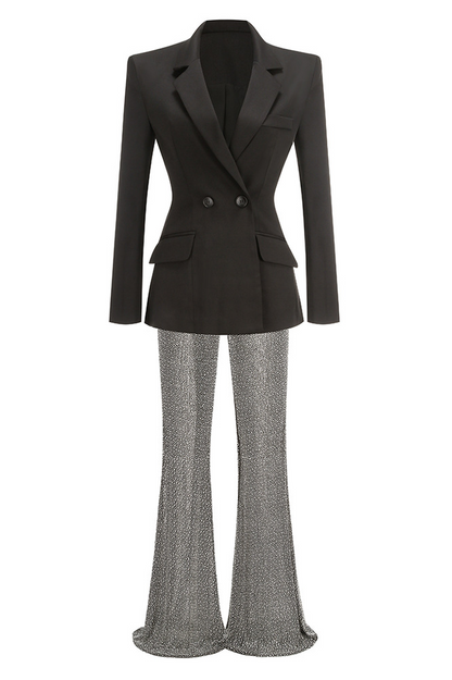 Pure Black Blazer & Rhinestone Pants Set