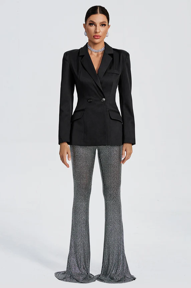 Pure Black Blazer & Rhinestone Pants Set
