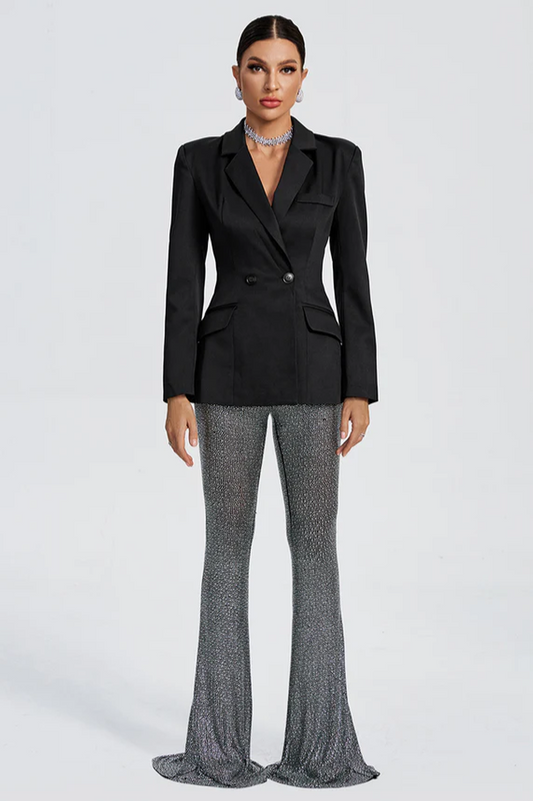 Pure Black Blazer & Rhinestone Pants Set