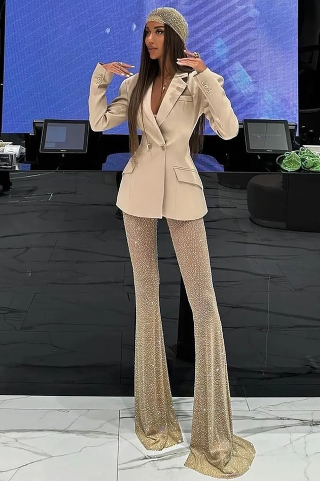 Pure Black Blazer & Rhinestone Pants Set