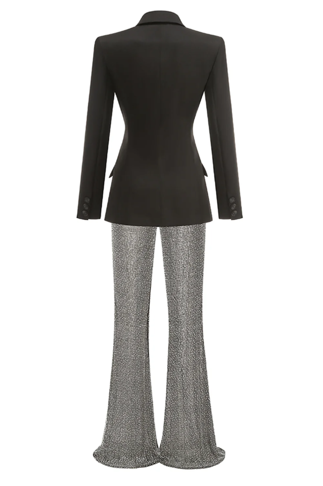Pure Black Blazer & Rhinestone Pants Set