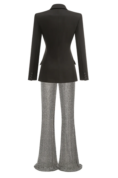 Pure Black Blazer & Rhinestone Pants Set
