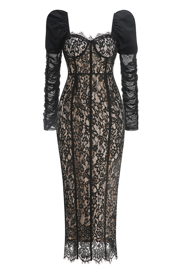 Lace Splicing Mesh Puff Sleeve Midi Dress