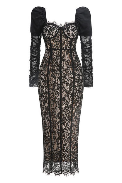 Lace Splicing Mesh Puff Sleeve Midi Dress