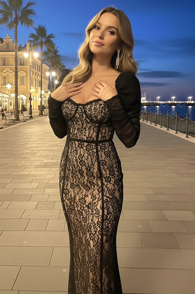 Lace Splicing Mesh Puff Sleeve Midi Dress