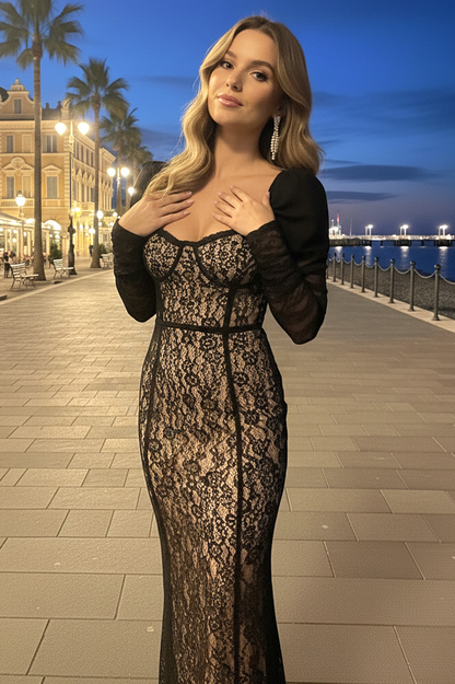 Lace Splicing Mesh Puff Sleeve Midi Dress