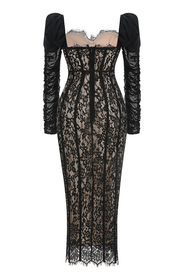 Lace Splicing Mesh Puff Sleeve Midi Dress
