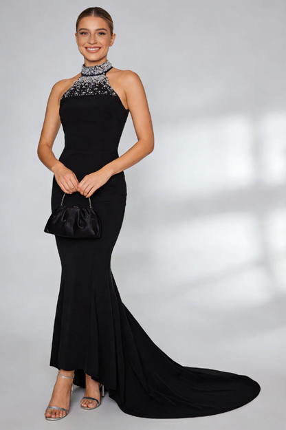 Nicoletta Halterneck Pearl Prom Maxi Dress