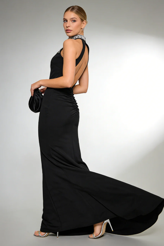 Nicoletta Halterneck Pearl Prom Maxi Dress