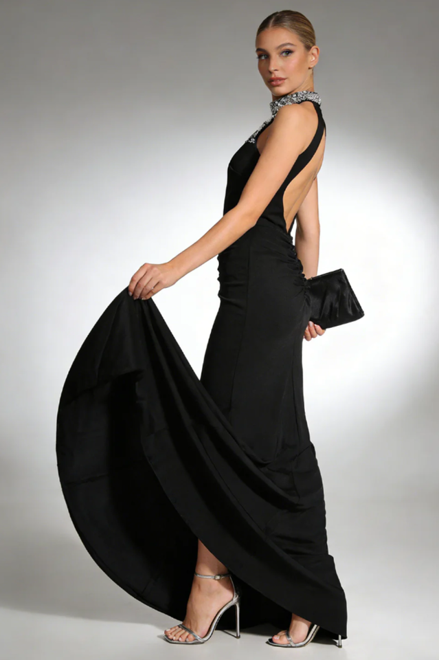 Nicoletta Halterneck Pearl Prom Maxi Dress