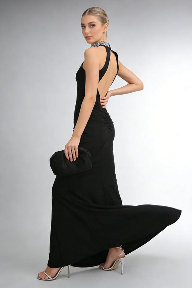 Nicoletta Halterneck Pearl Prom Maxi Dress