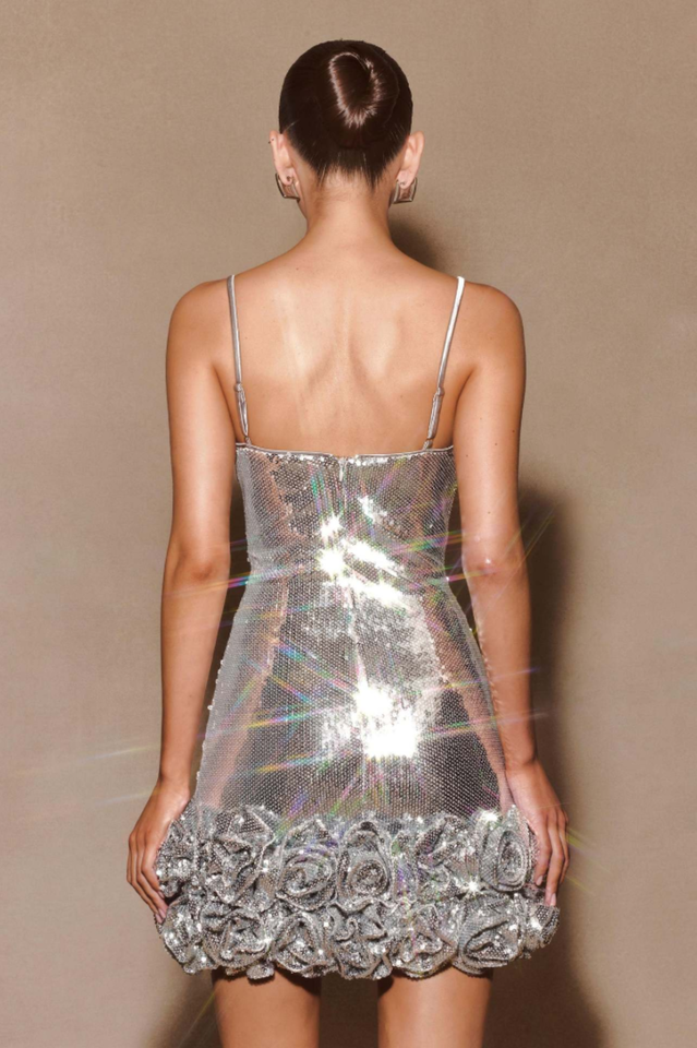 Haelara Spaghetii Flower Sequin Mini Dress