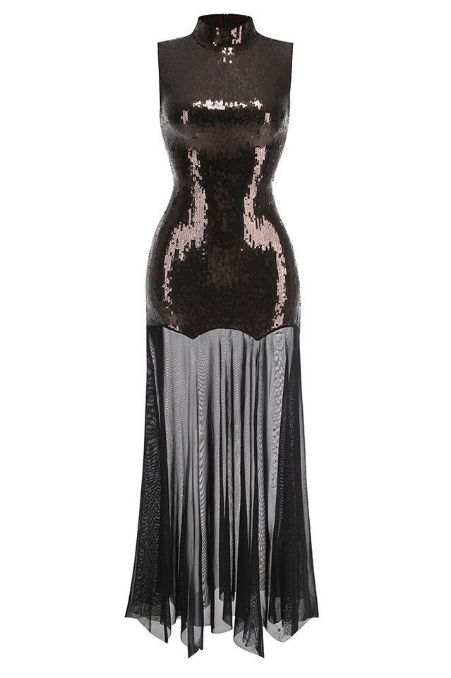 Jolie High Neck Sequin Mesh Gown