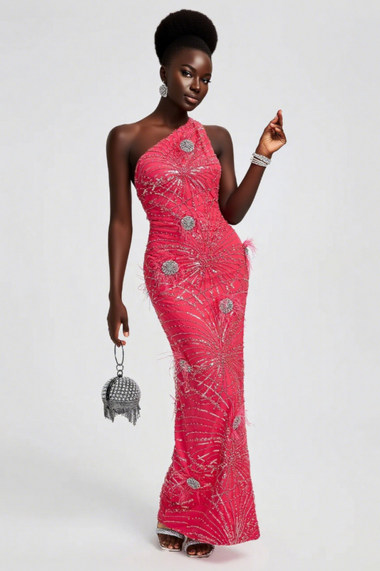 Crystal Embellished Sequin High Split Gown