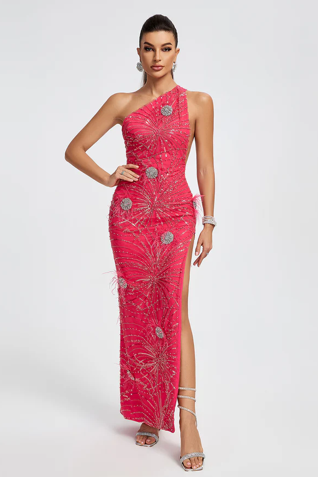 Crystal Embellished Sequin High Split Gown