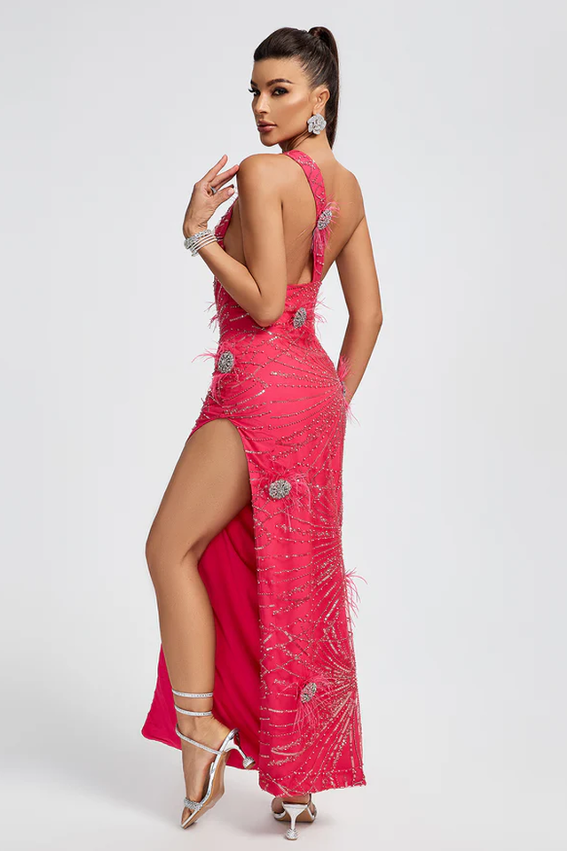 Crystal Embellished Sequin High Split Gown
