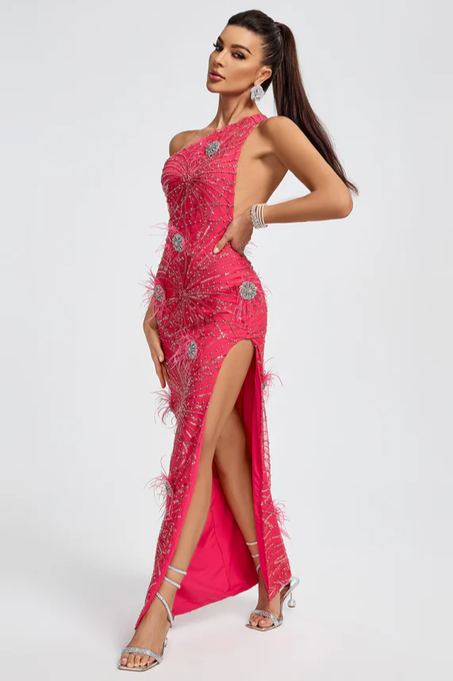 Crystal Embellished Sequin High Split Gown