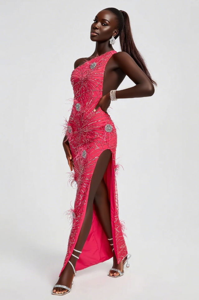 Crystal Embellished Sequin High Split Gown